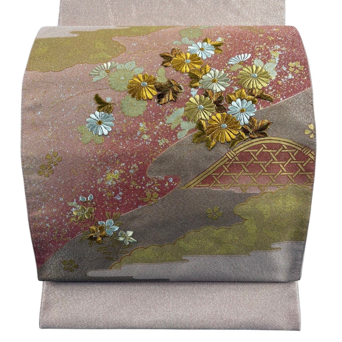 袋帯 秀品 菊 光悦垣 金銀糸 金銀彩 ピンク お太鼓柄 正絹｜中古・古着