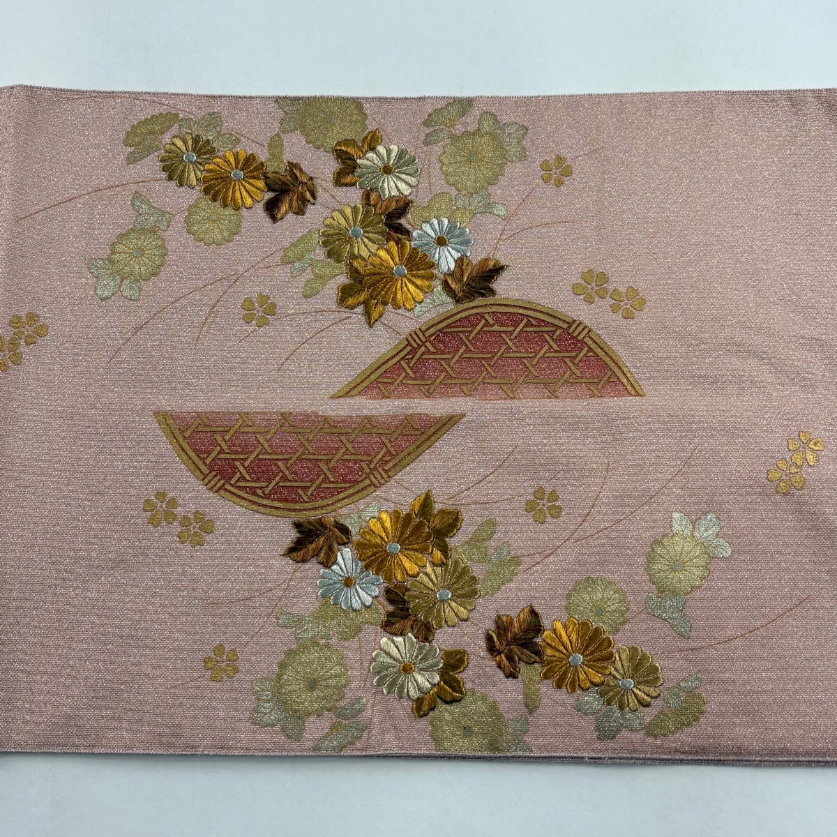 袋帯 秀品 菊 光悦垣 金銀糸 金銀彩 ピンク お太鼓柄 正絹｜中古・古着
