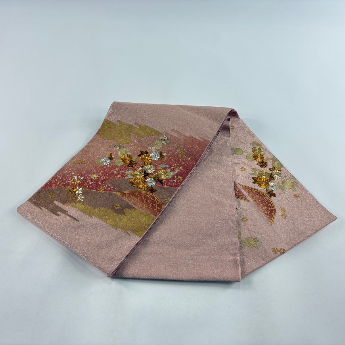 袋帯 秀品 菊 光悦垣 金銀糸 金銀彩 ピンク お太鼓柄 正絹｜中古・古着