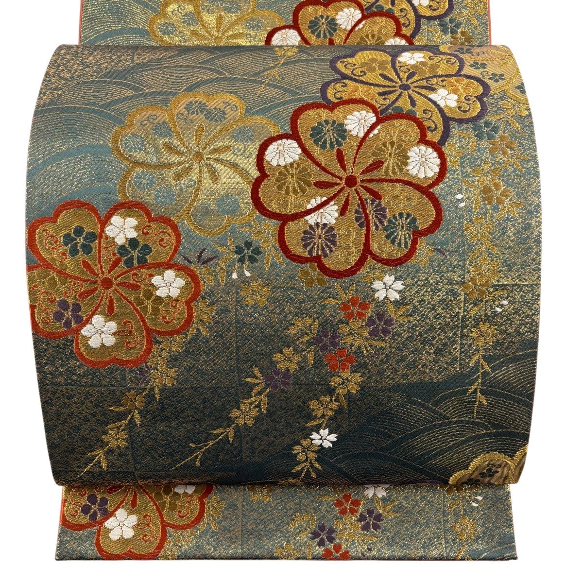 美品】 袋帯 秀品 狩猟文 草花 金糸 箔 金色 六通 正絹｜中古・古着