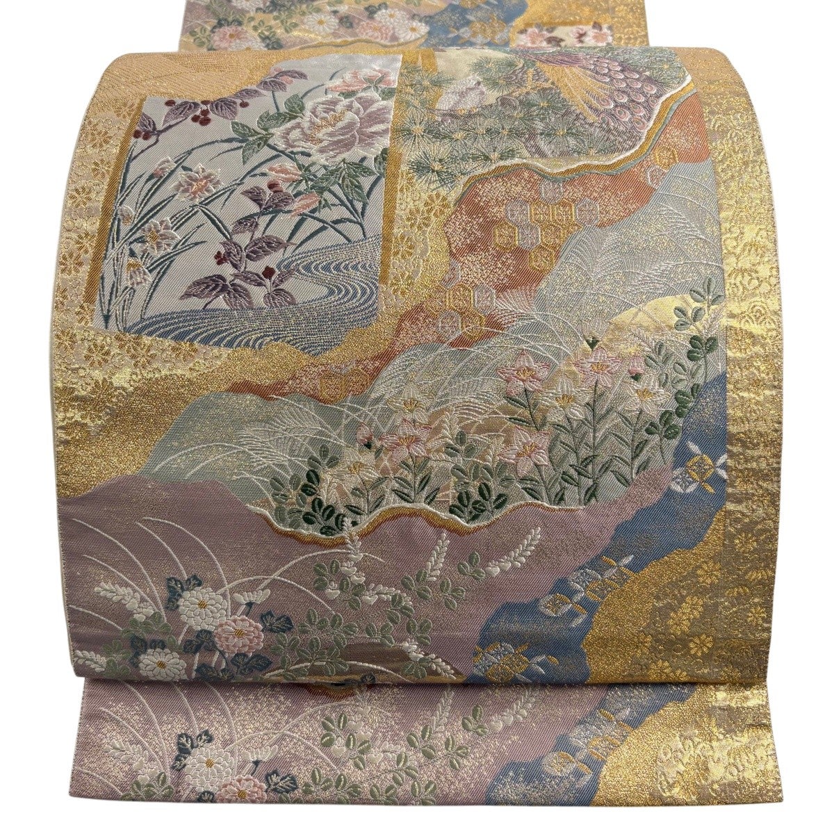 袋帯 秀品 道長色紙花鳥 金銀糸 箔 金色 六通 正絹｜中古・古着