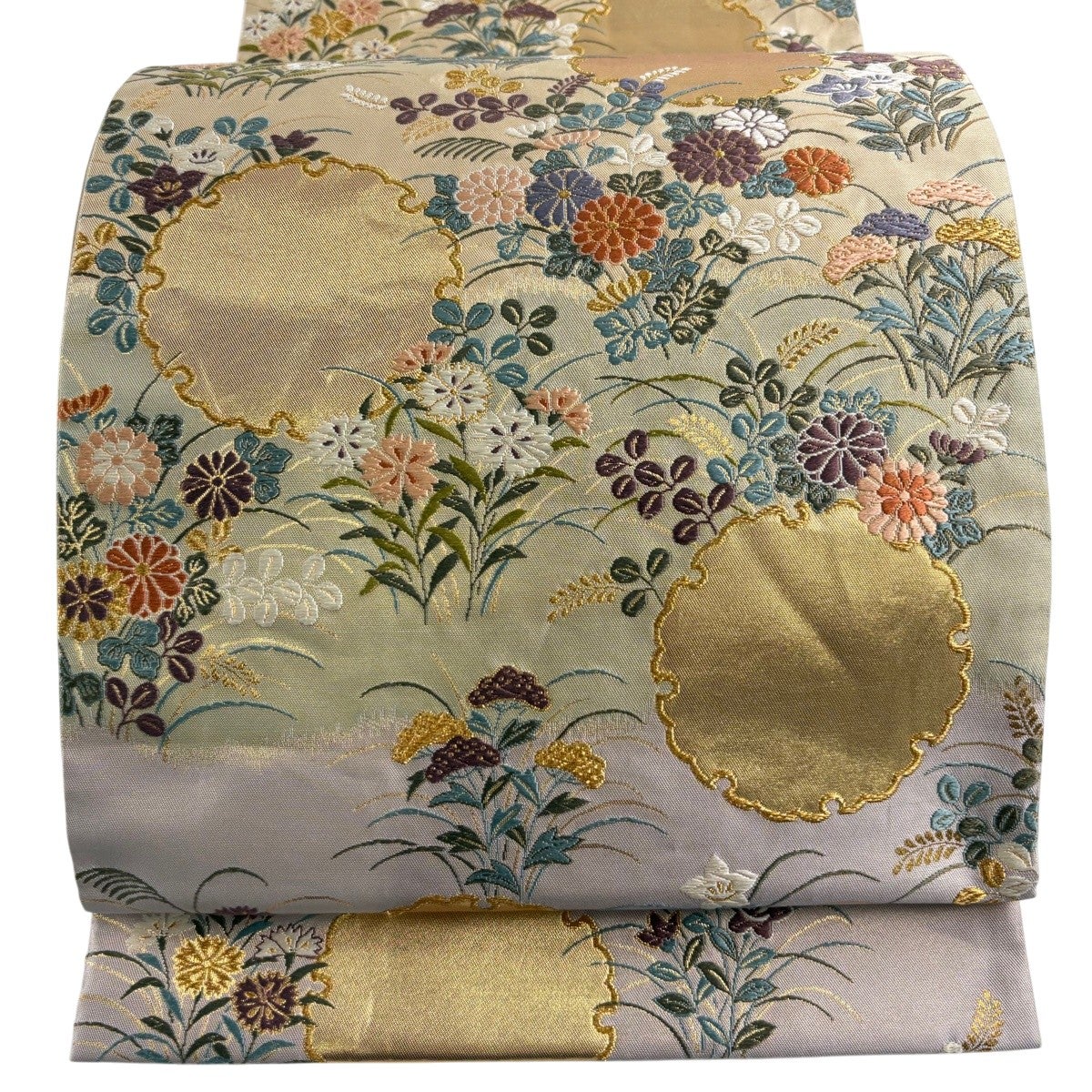 美品】 袋帯 秀品 雪輪 秋草 金糸 箔 灰紫 六通 正絹｜中古・古着