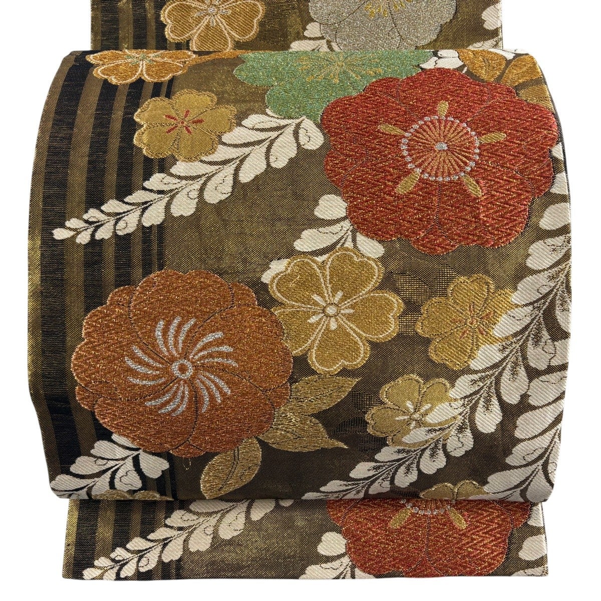 袋帯 秀品 辻が花柄 縞 箔 金糸 金茶 全通 正絹｜中古・古着