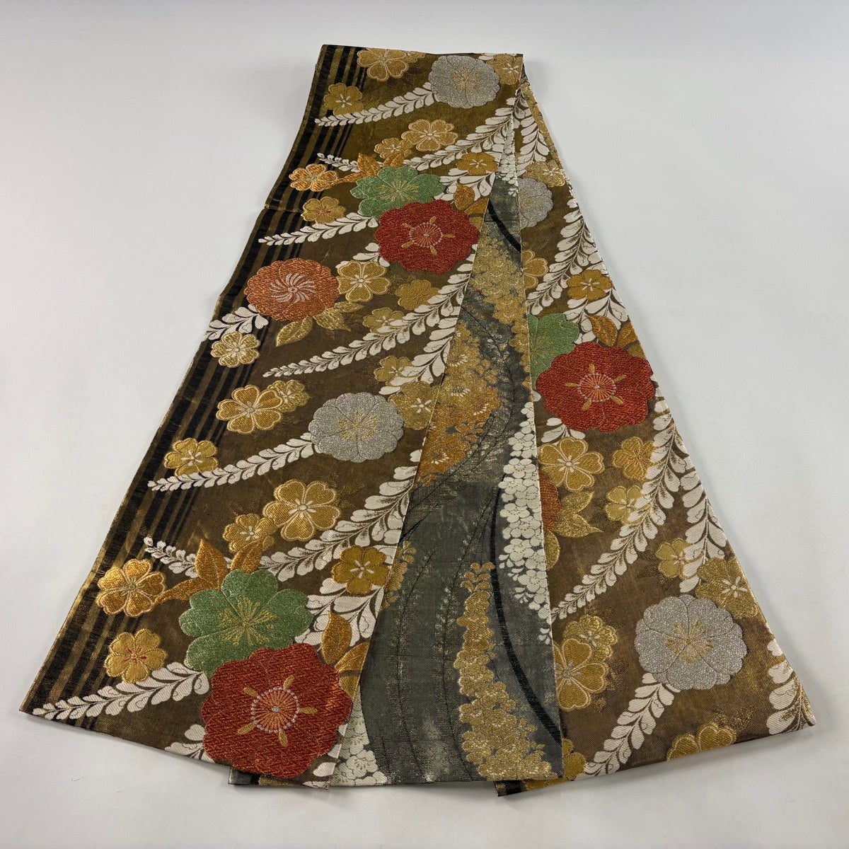 袋帯 秀品 辻が花柄 縞 箔 金糸 金茶 全通 正絹｜中古・古着