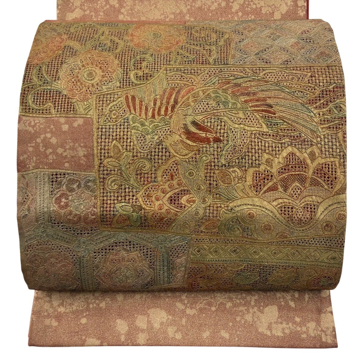 袋帯 秀品 鳳凰 花唐草 刺繍 金彩 赤茶 お太鼓柄 正絹｜中古・古着