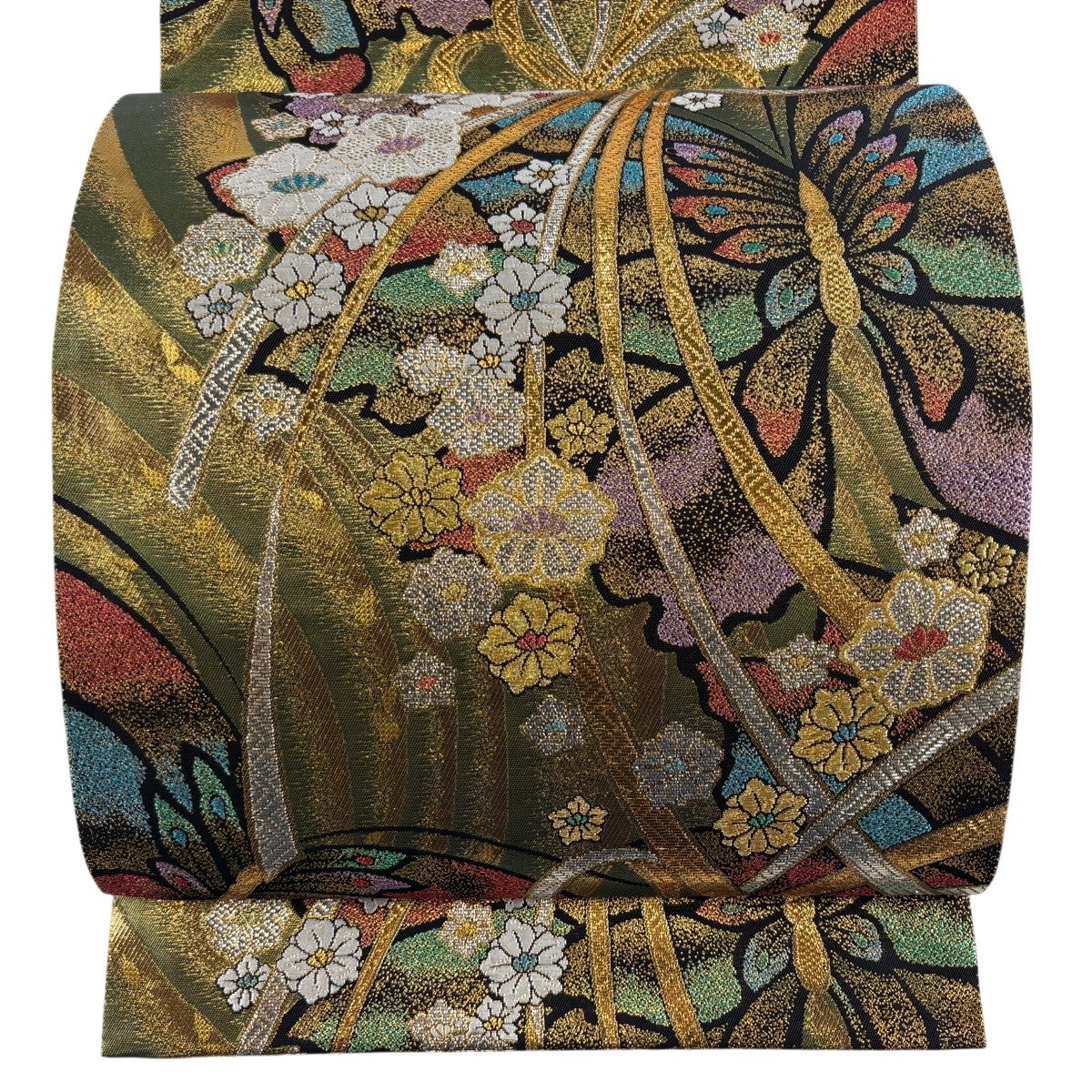 袋帯 秀品 蝶 草花 金糸 箔 鶯色 六通 正絹｜中古・古着・リサイクル