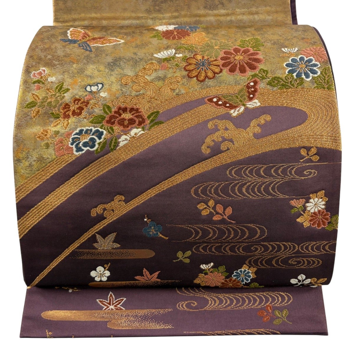 袋帯 秀品 蝶 草花 金糸 箔 濃紫 お太鼓柄 正絹｜中古・古着