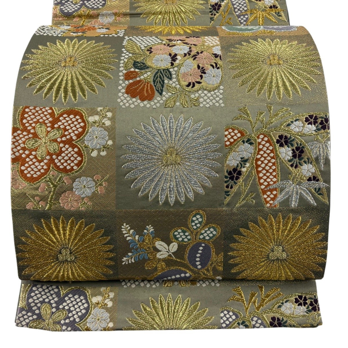 美品】 袋帯 秀品 雅小袖 松竹梅 市松 金銀糸 箔 茶緑色 六通 正絹