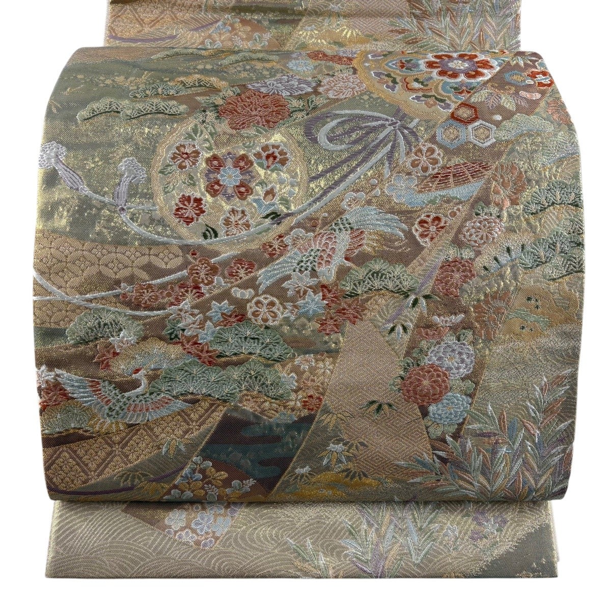 M470 加賀の調べ　花鳥麗葉文　やまと誂製　六通　　正絹　袋帯 袋帯 秀品 鏡裏文 花鳥 金糸 箔 ピンクベージュ 六通 正絹｜中古・古着