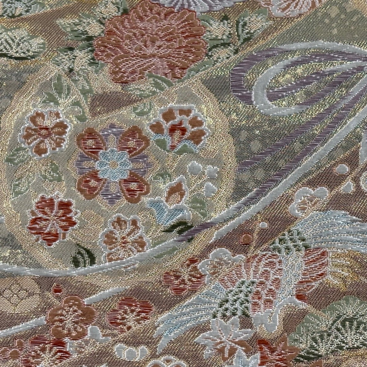 袋帯 秀品 鏡裏文 花鳥 金糸 箔 ピンクベージュ 六通 正絹｜中古・古着