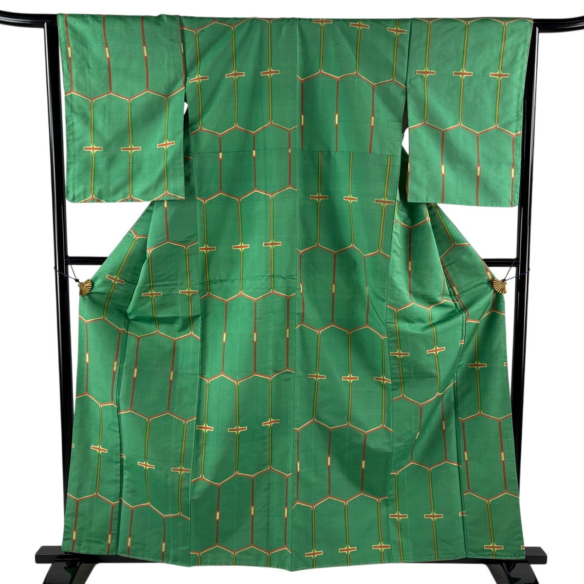 美品】 紬 身丈161cm 裄丈63.5cm S 袷 幾何学模様 緑 正絹 優品｜中古
