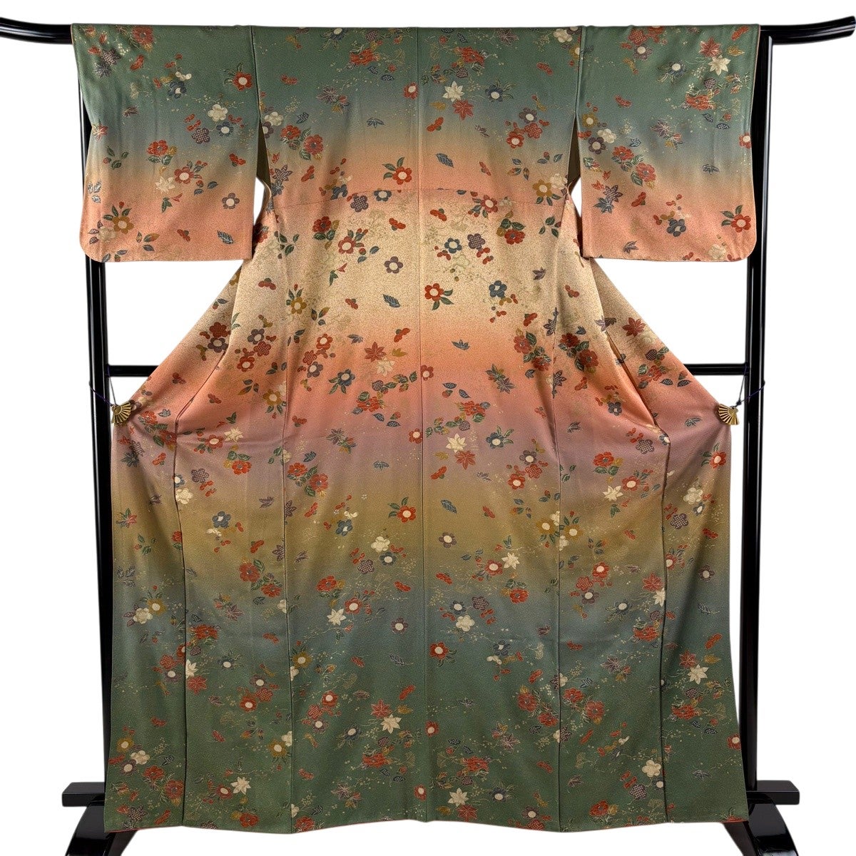 小紋 身丈164.5cm 裄丈65.5cm M 袷 枝桜 枝梅 金彩 灰緑 正絹 優品