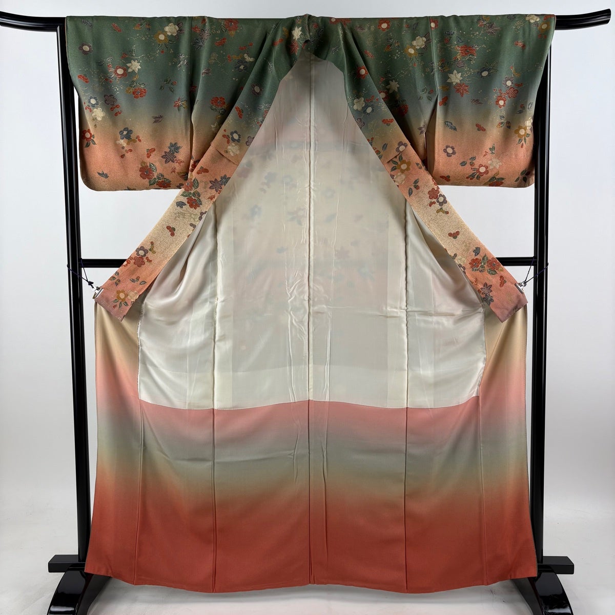 小紋 身丈164.5cm 裄丈65.5cm M 袷 枝桜 枝梅 金彩 灰緑 正絹 優品