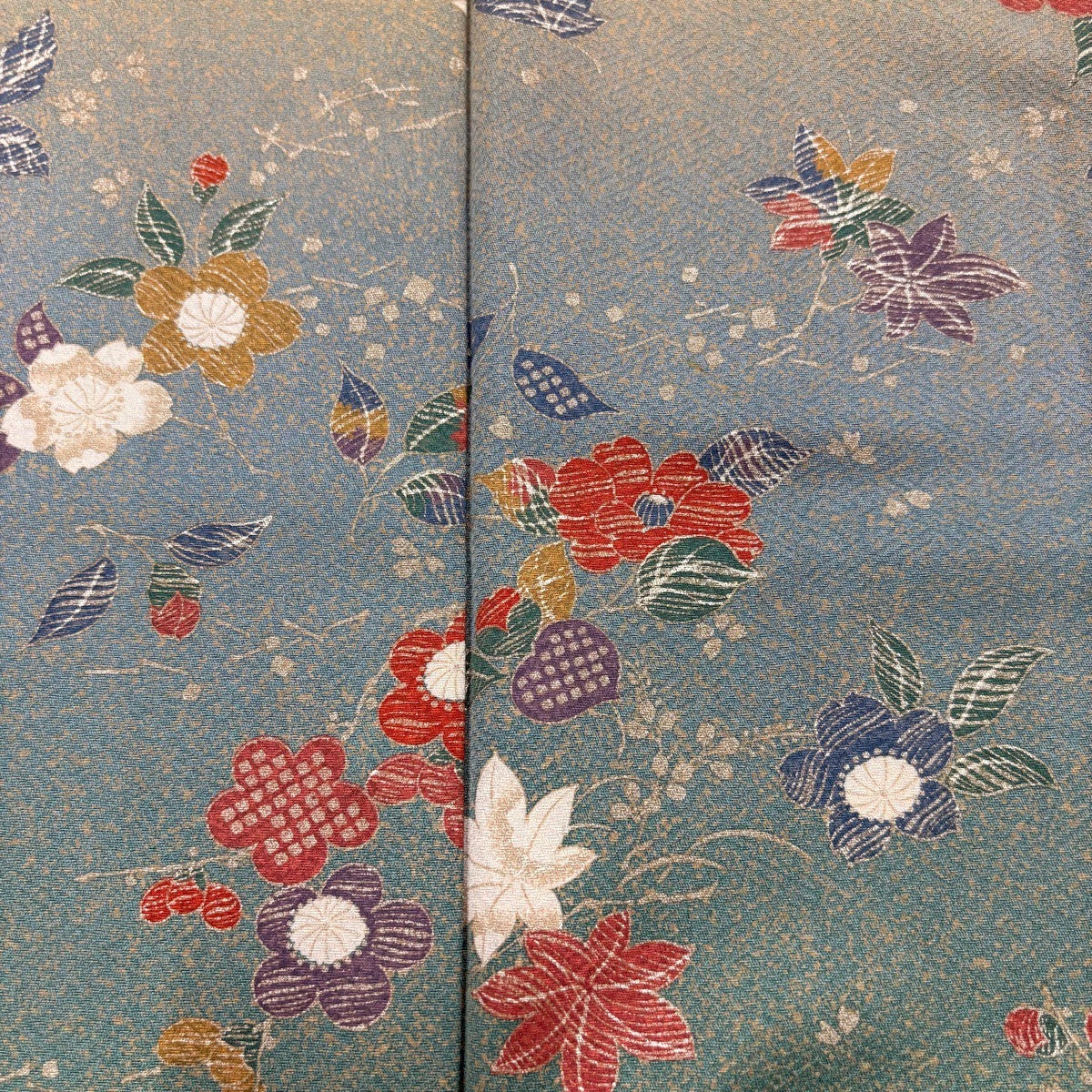 小紋 身丈164.5cm 裄丈65.5cm M 袷 枝桜 枝梅 金彩 灰緑 正絹 優品