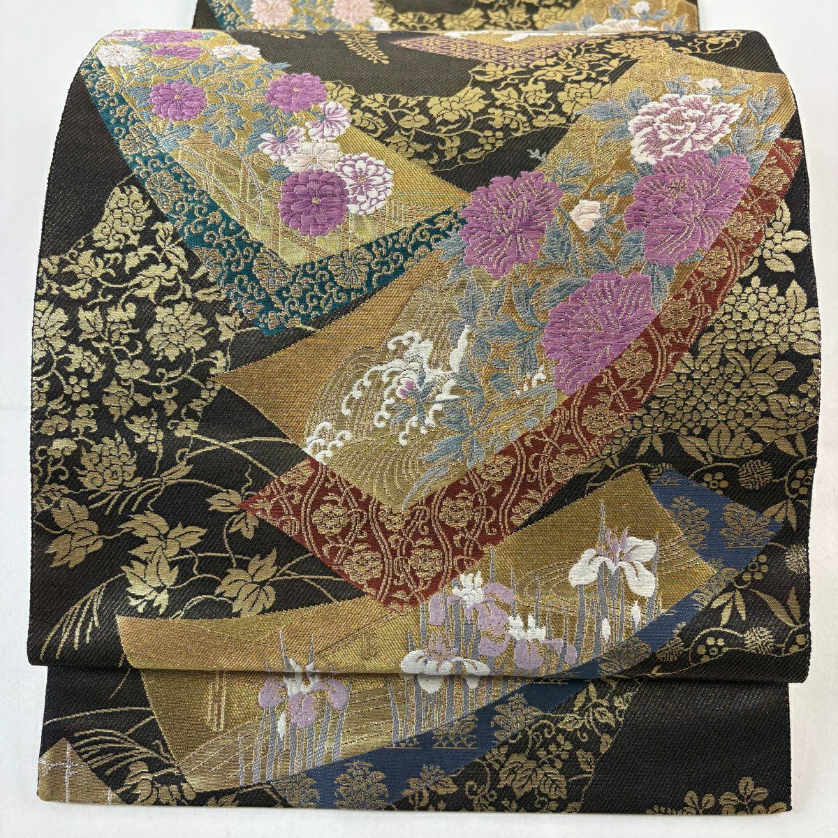 袋帯 名品 じゅらく 落款 花唐草 市松模様 金糸 箔 青紫 六通 正絹