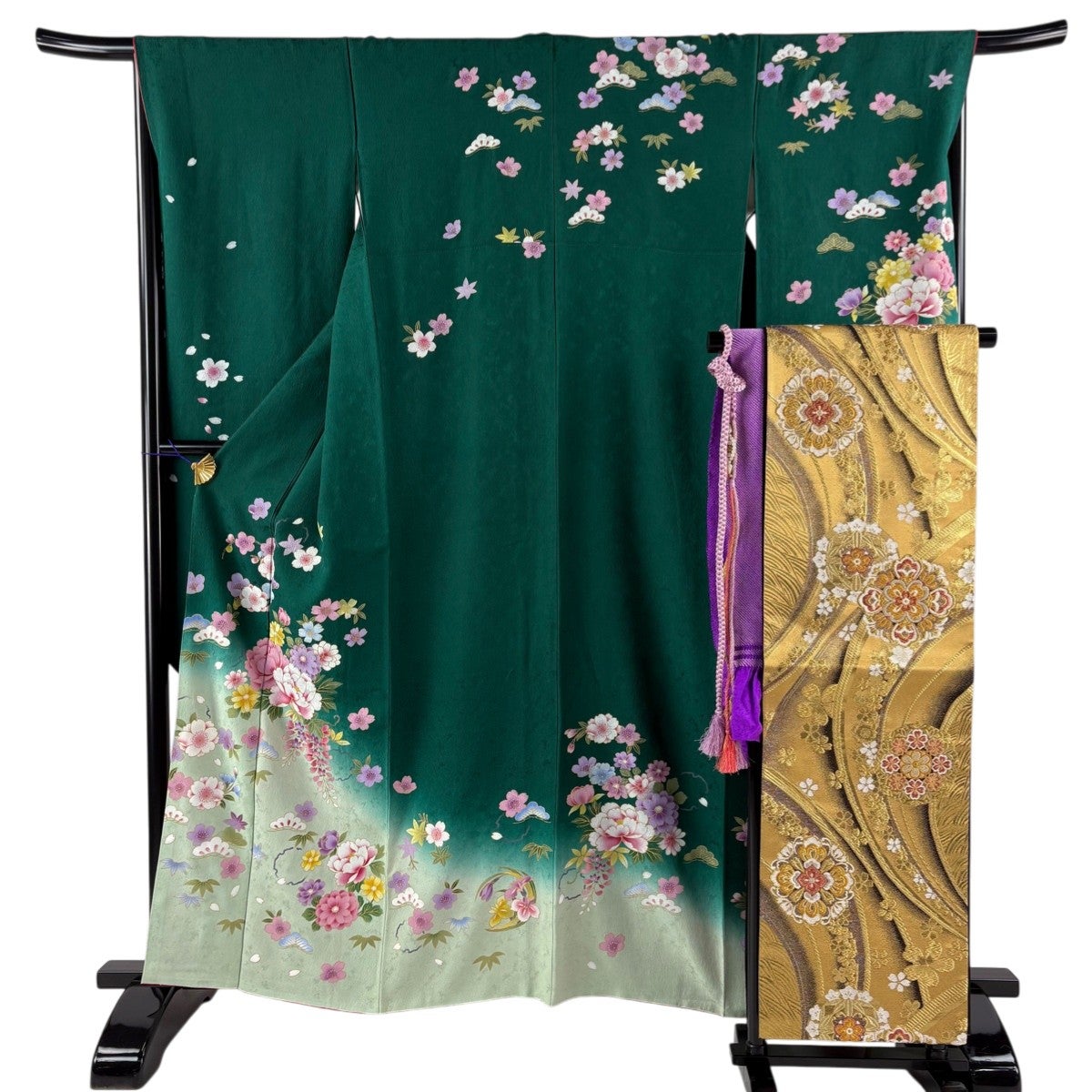 美品】 振袖 身丈161cm 裄丈67cm M 袷 袋帯フルセット 牡丹 桜 金彩