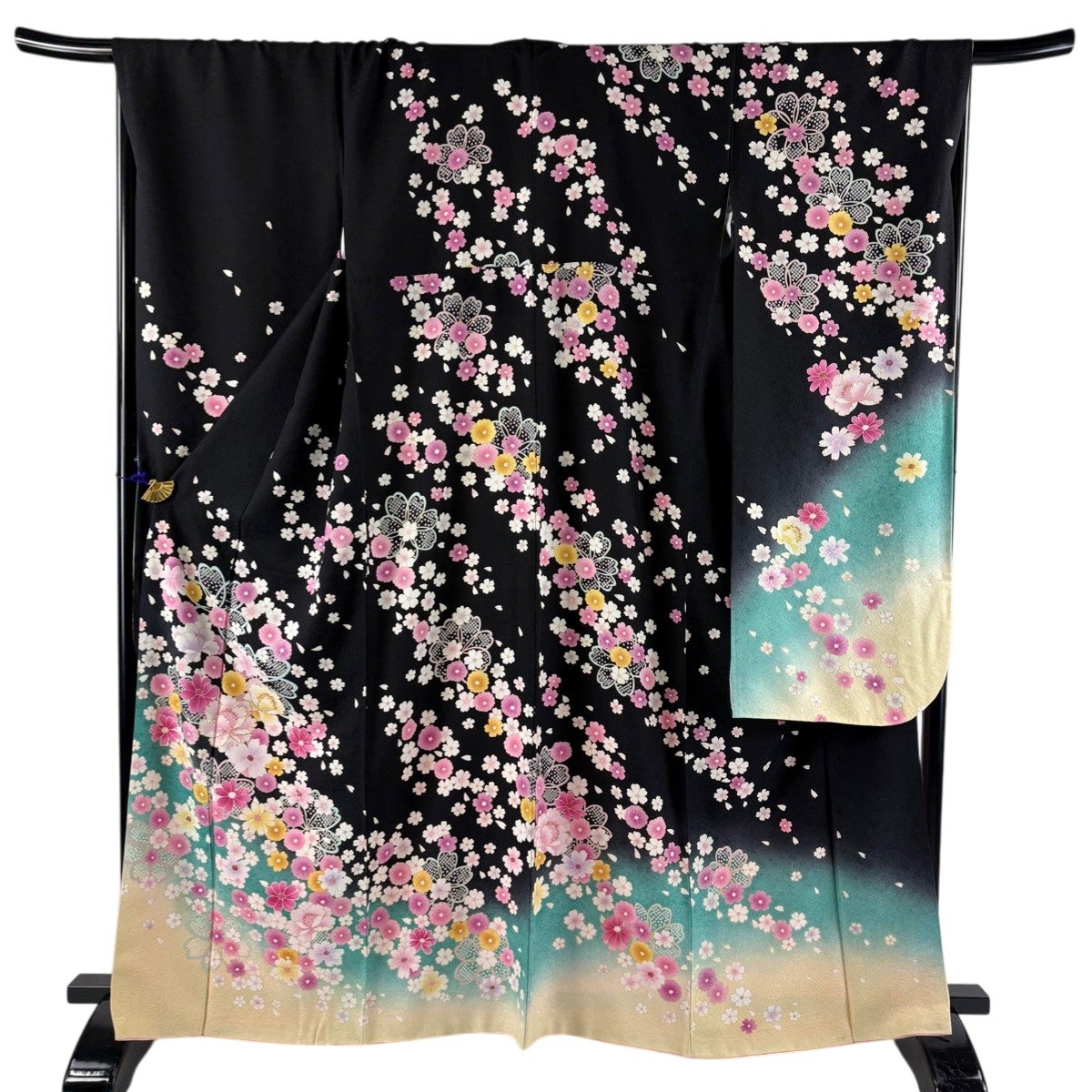 美品】 振袖 身丈172cm 裄丈69cm L 袷 牡丹 桜 箔 金彩 青緑 正絹 名品