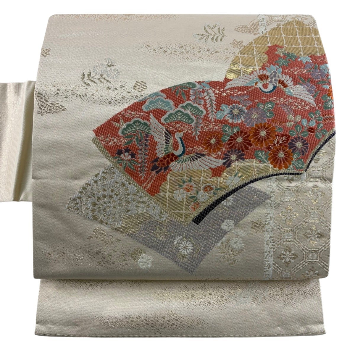 名古屋帯 秀品 扇面 菊 金彩 縮緬 灰紫 正絹｜中古・古着・リサイクル