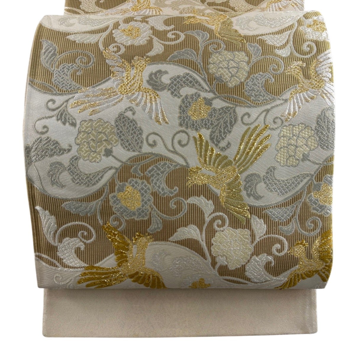 70%OFF 袋帯 秀品 花唐草 菱 銀糸 刺繍 薄紫 お太鼓柄 正絹 K70｜中古