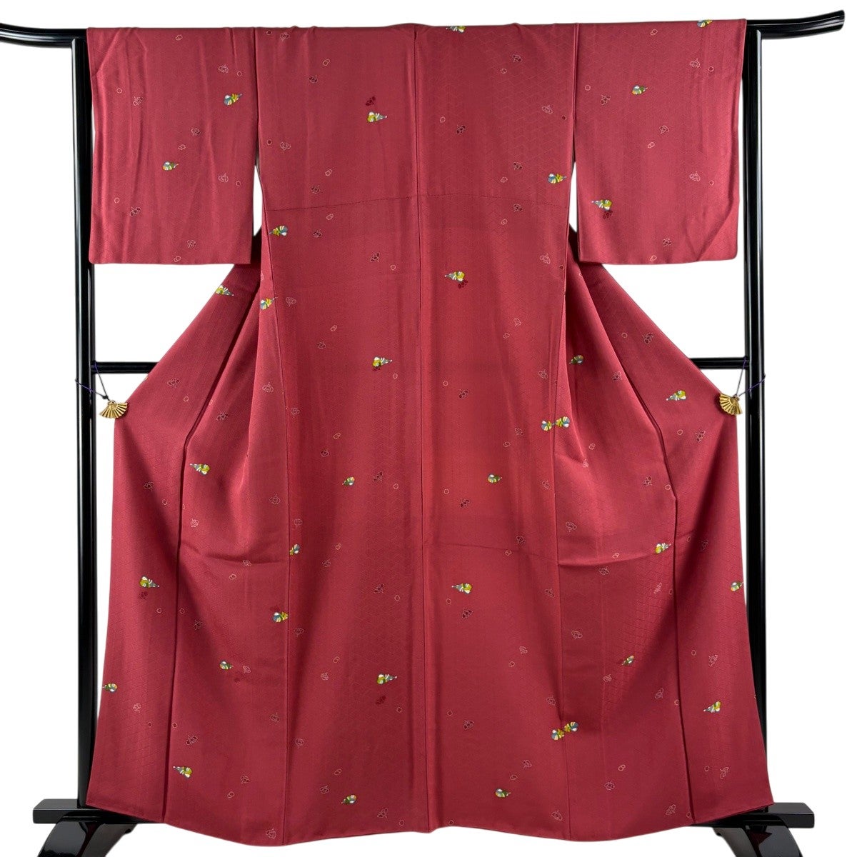 小紋 身丈160cm 裄丈65cm M 袷 鴛鴦 花 茜色 正絹 秀品｜中古・古着
