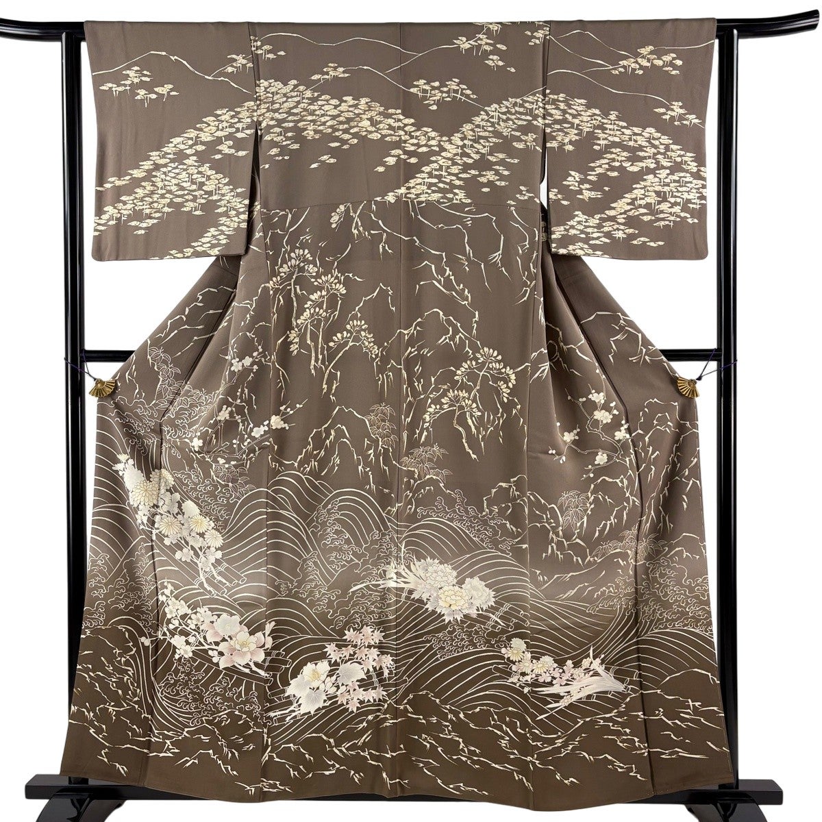 訪問着 身丈166cm 裄丈67.5cm L 袷 草花 萩 金彩 刺繍 茶色 正絹 秀品