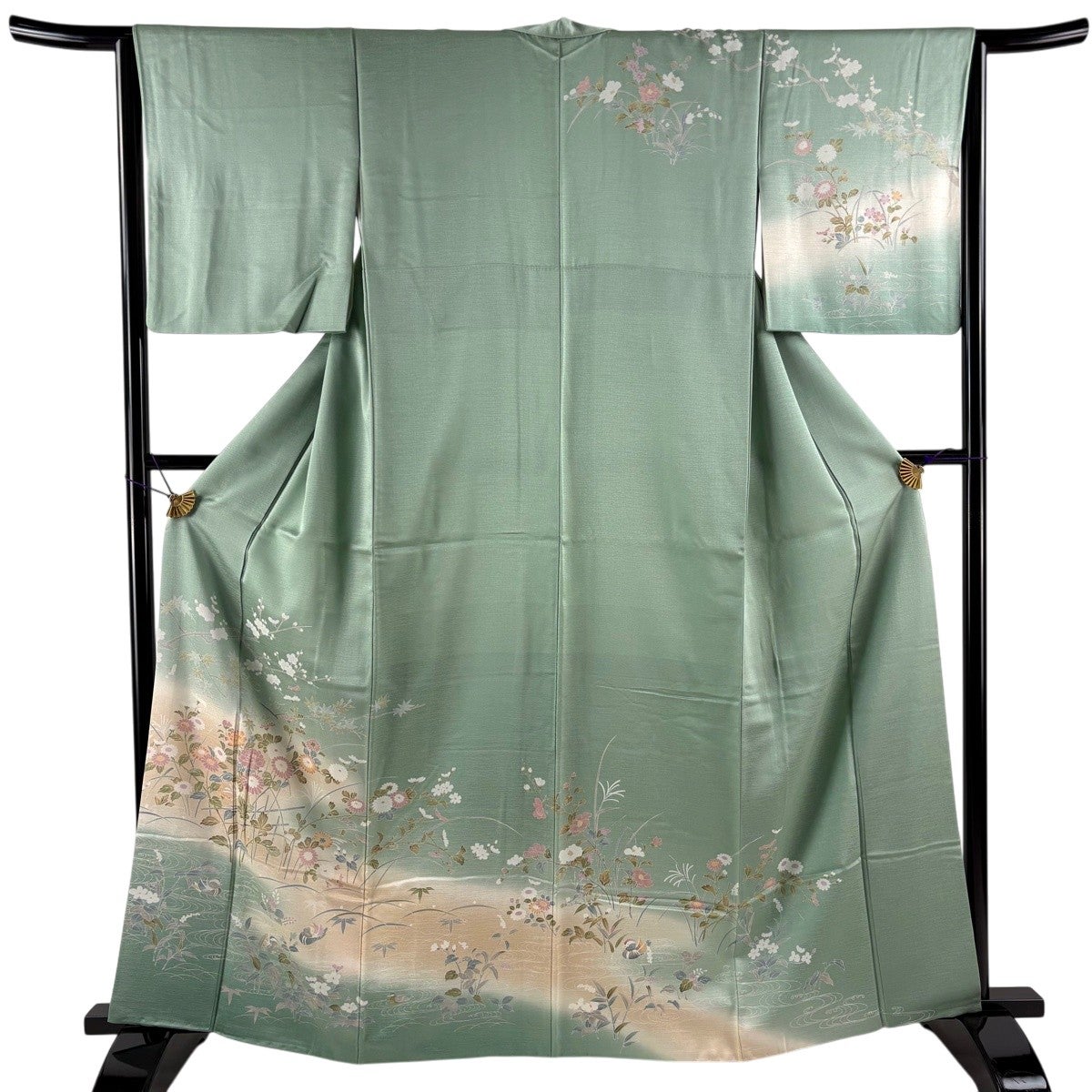K*U様 【オークション】裄丈70cm 訪問着フルセット くすみ緑風景　正絹 袷 訪問着 身丈163cm 裄丈63.5cm S 袷 草花 鴛鴦 染め分け ぼかし 薄緑