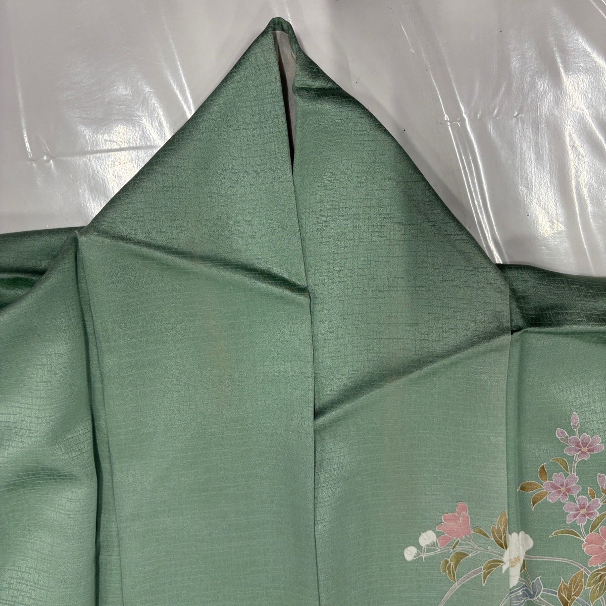 K*U様 【オークション】裄丈70cm 訪問着フルセット くすみ緑風景　正絹 袷 訪問着 身丈163cm 裄丈63.5cm S 袷 草花 鴛鴦 染め分け ぼかし 薄緑