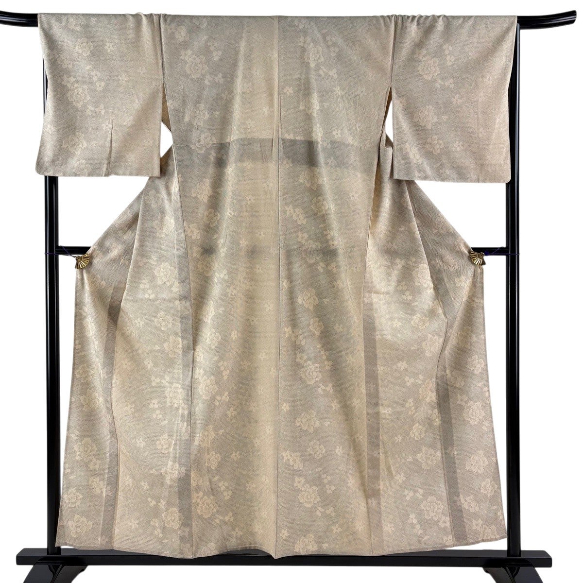 美品】 紬 身丈157cm 裄丈67cm M 単衣 花 シルエット ベージュ 正絹 秀