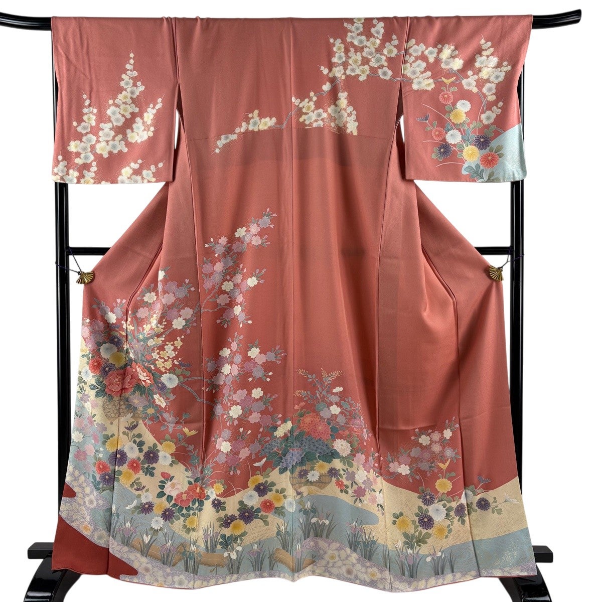 超美品　正絹　訪問着　現代　着物　160裄66 ベージュ　ピンク　水色　黄緑　金 訪問着 身丈166cm 裄丈68.5cm L 袷 花籠 霞 金糸 金彩 サーモンピンク