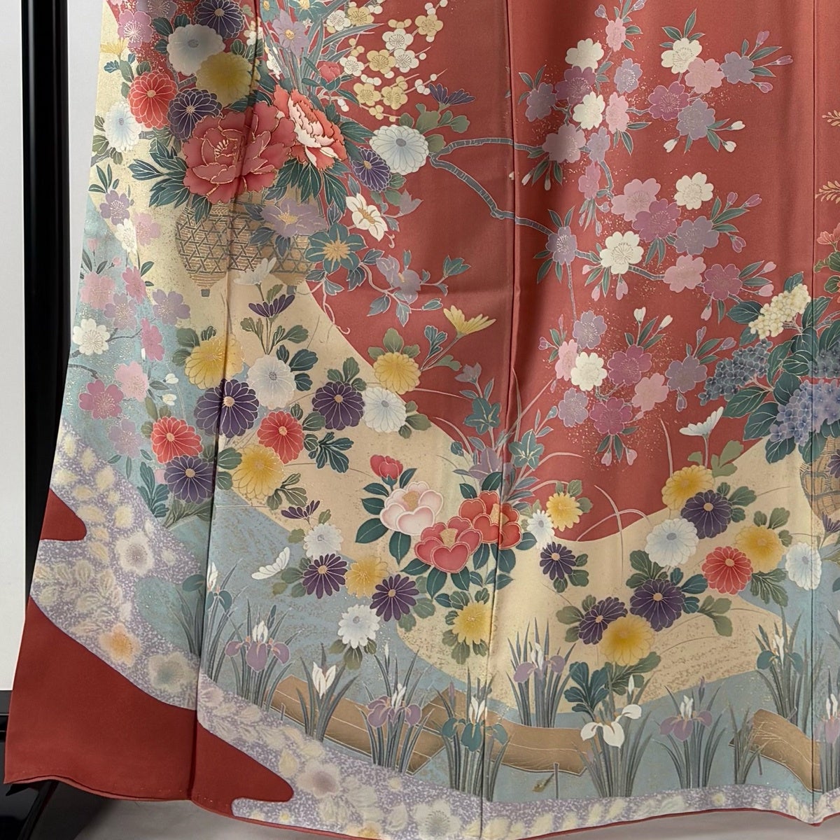 訪問着 身丈166cm 裄丈68.5cm L 袷 花籠 霞 金糸 金彩 サーモンピンク