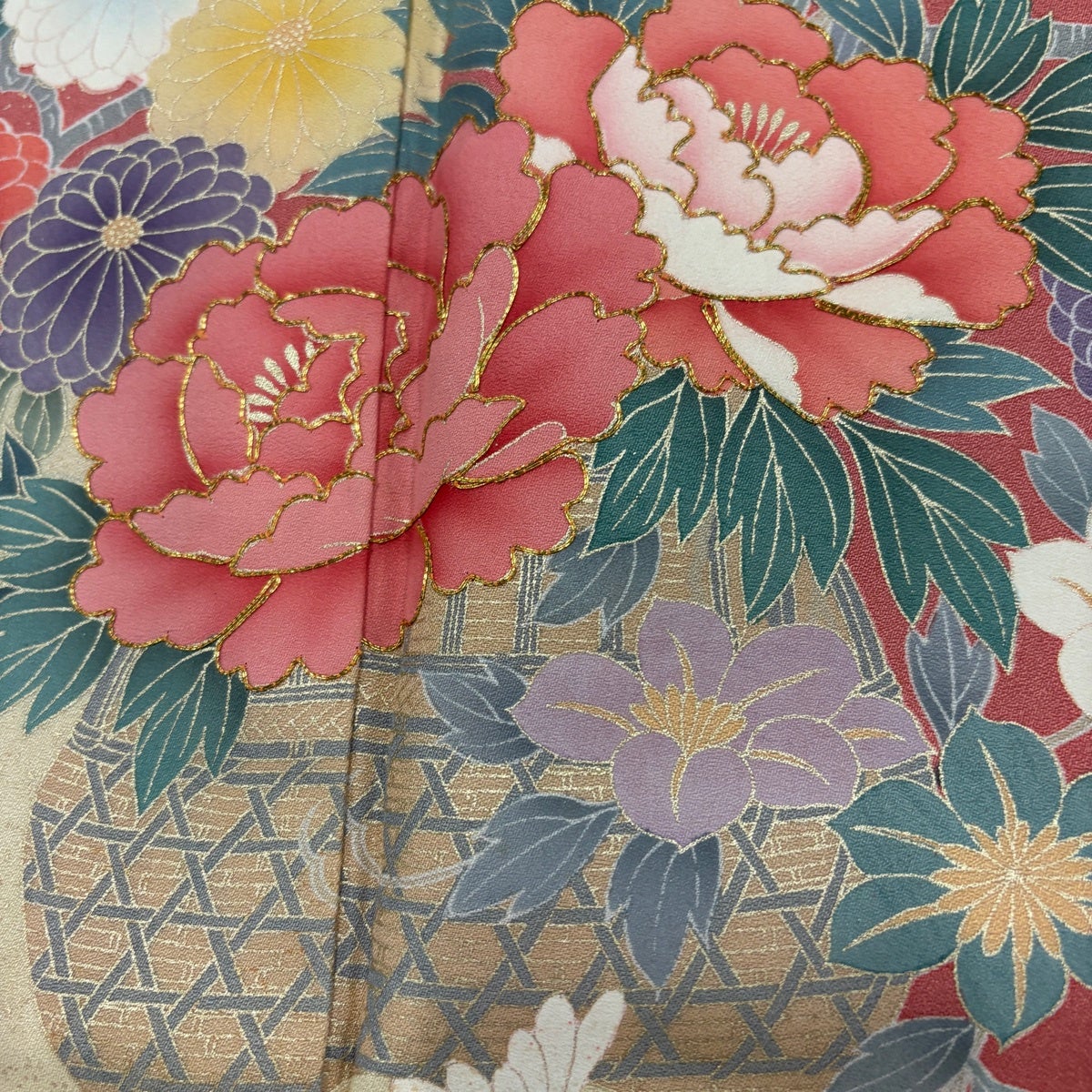 訪問着 身丈166cm 裄丈68.5cm L 袷 花籠 霞 金糸 金彩 サーモンピンク