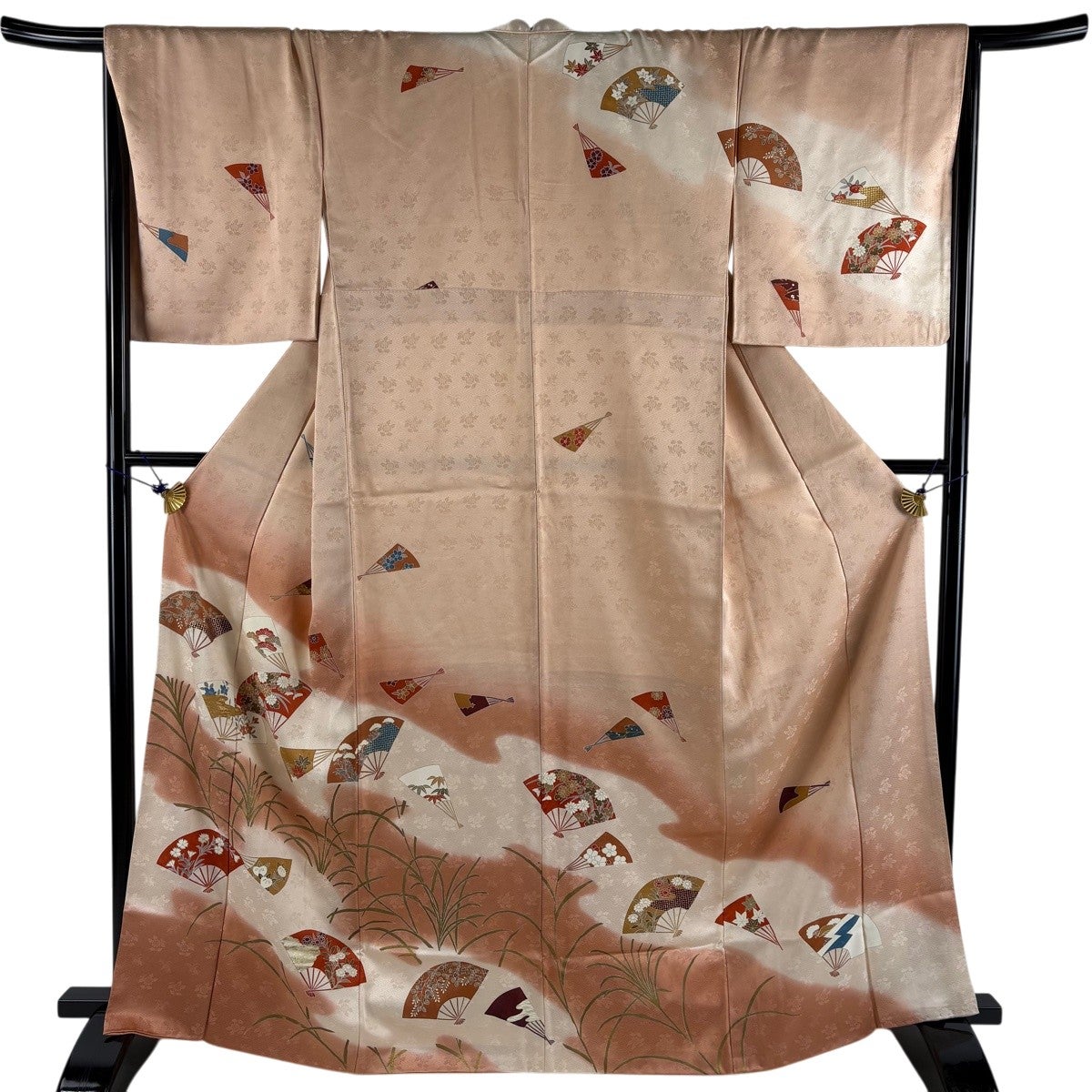 訪問着 身丈158cm 裄丈62.5cm S 袷 御所車 草花 金糸 金彩 薄緑 正絹