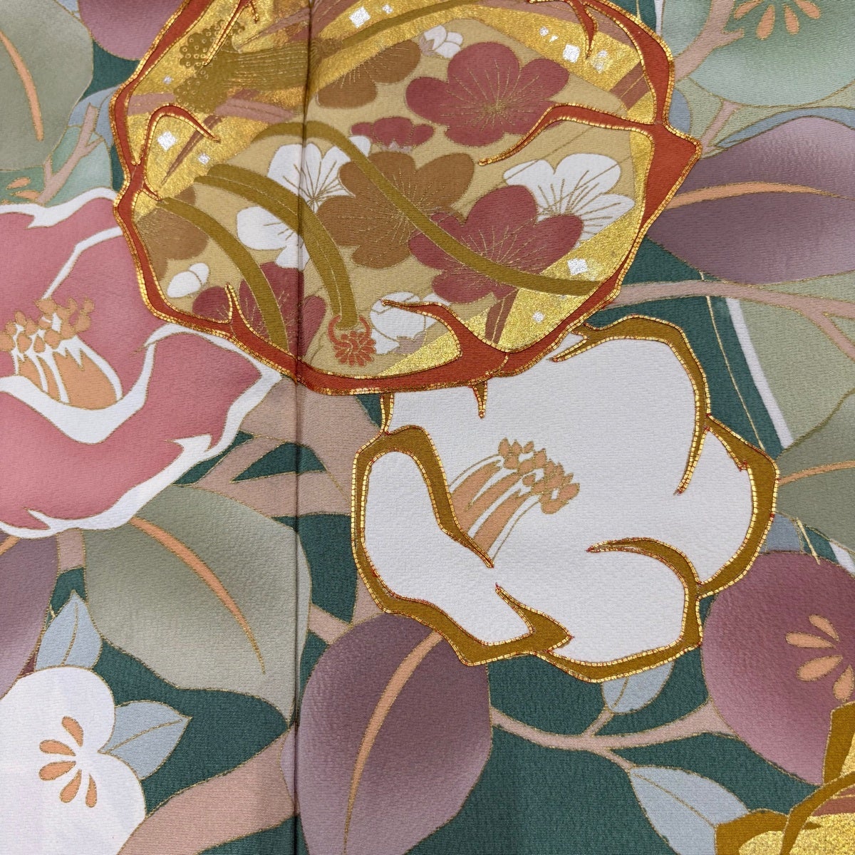 振袖 身丈161cm 裄丈65cm M 袷 椿 橘 金糸 金銀彩 緑 正絹 秀品｜中古