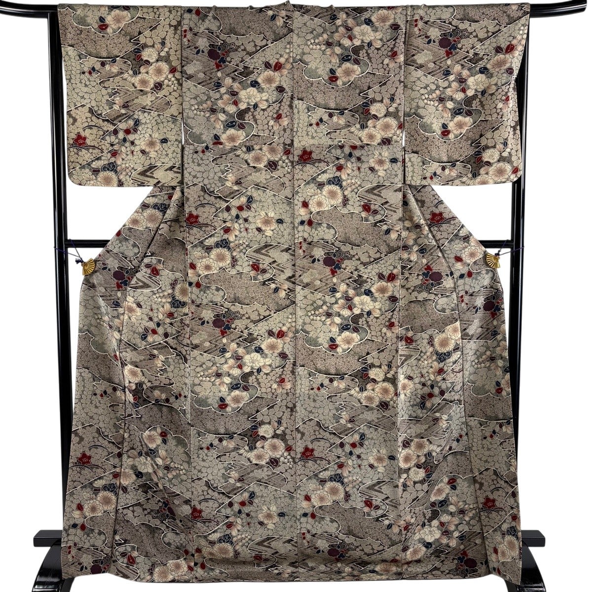 美品】 小紋 身丈170cm 裄丈67.5cm L 袷 草花 芝 縮緬 灰茶 正絹 秀品