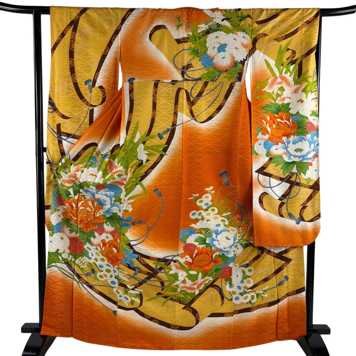 美品】 振袖 身丈167cm 裄丈63cm S 袷 牡丹 菊 金糸 金彩 オレンジ