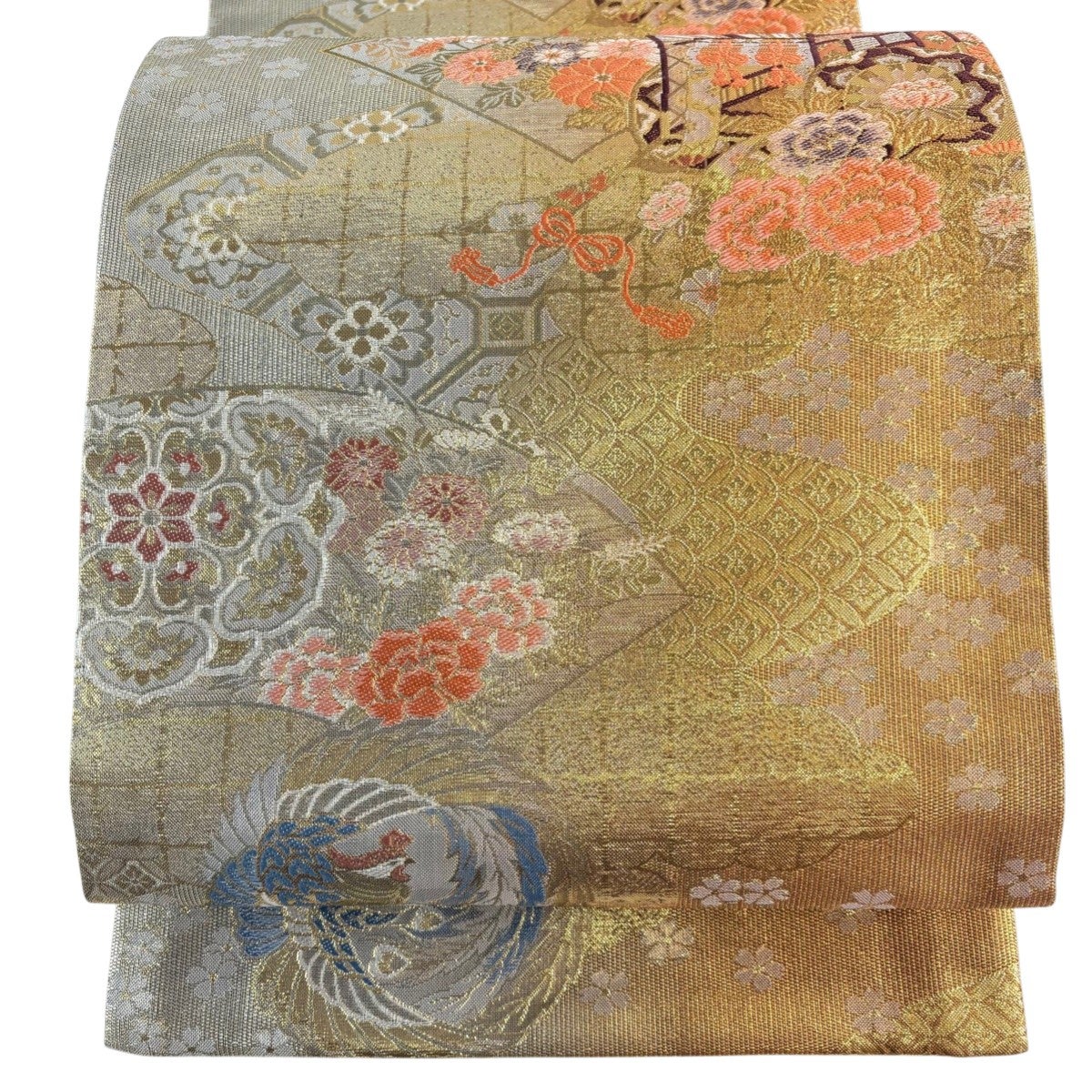 美品】 袋帯 名品 華文 市松 金銀糸 輪奈織 金茶 六通 正絹｜中古
