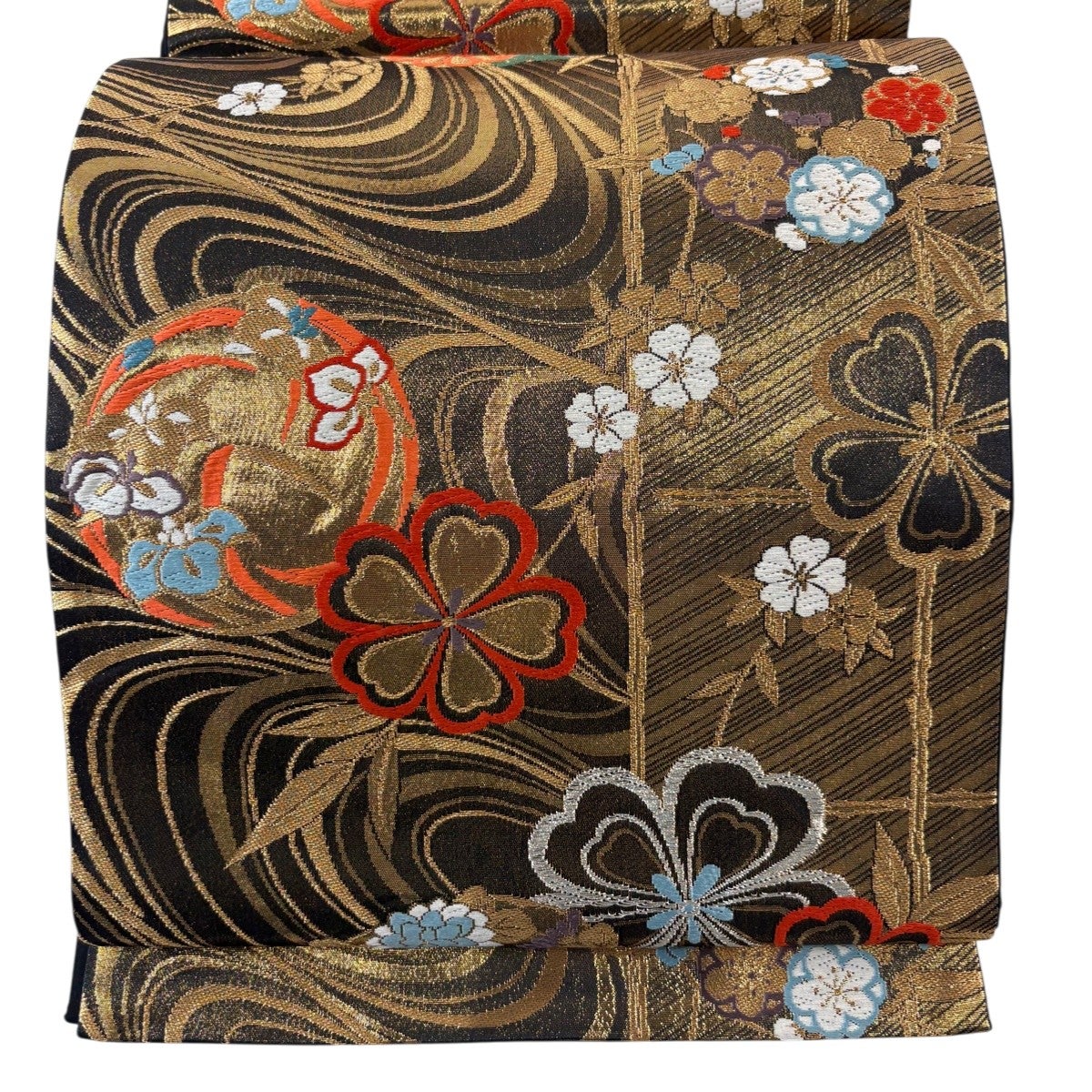 袋帯 秀品 花丸文 牡丹 箔 金銀糸 ベージュ 六通 正絹｜中古・古着