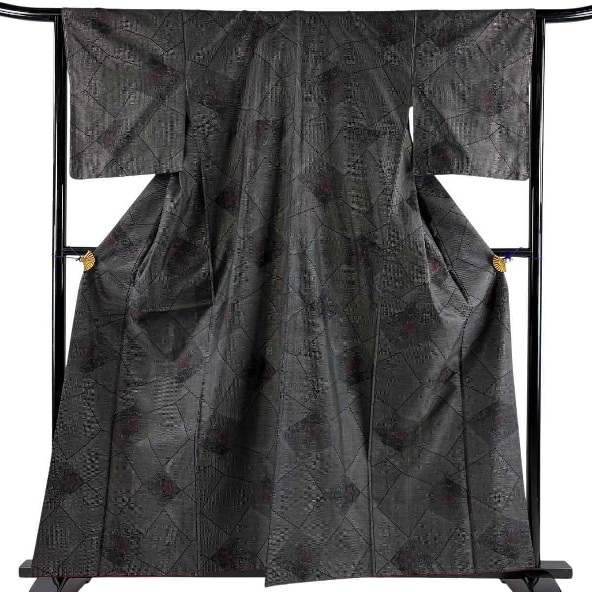 美品】 大島紬 身丈158cm 裄丈64.5cm M 袷 証紙あり 草花 幾何学模様