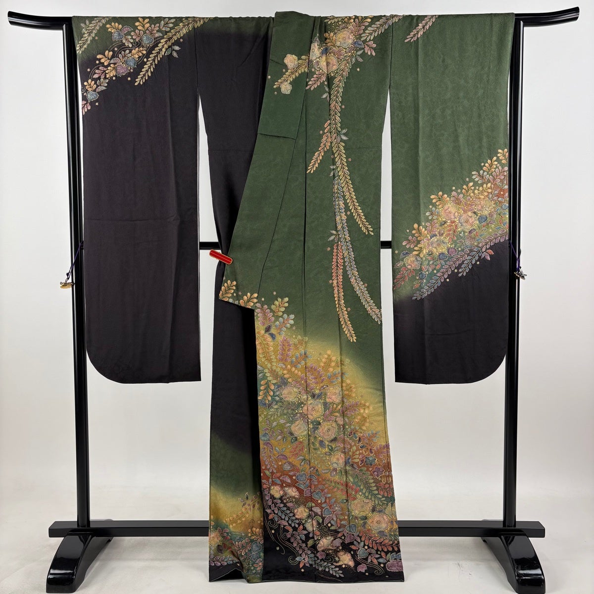 振袖 身丈169.5cm 裄丈69cm L 袷 辻が花 金彩 染め分け よもぎ色 正絹