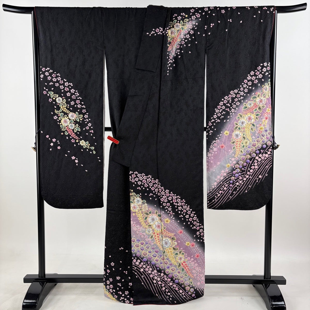 9039☆振袖2点セット❣️辻が花文 夢ガード 身丈160.5cm 裄66.8cm 美品】 振袖 身丈164.5cm 裄丈71cm L 袷 辻が花 桜 金通し 金彩 黒