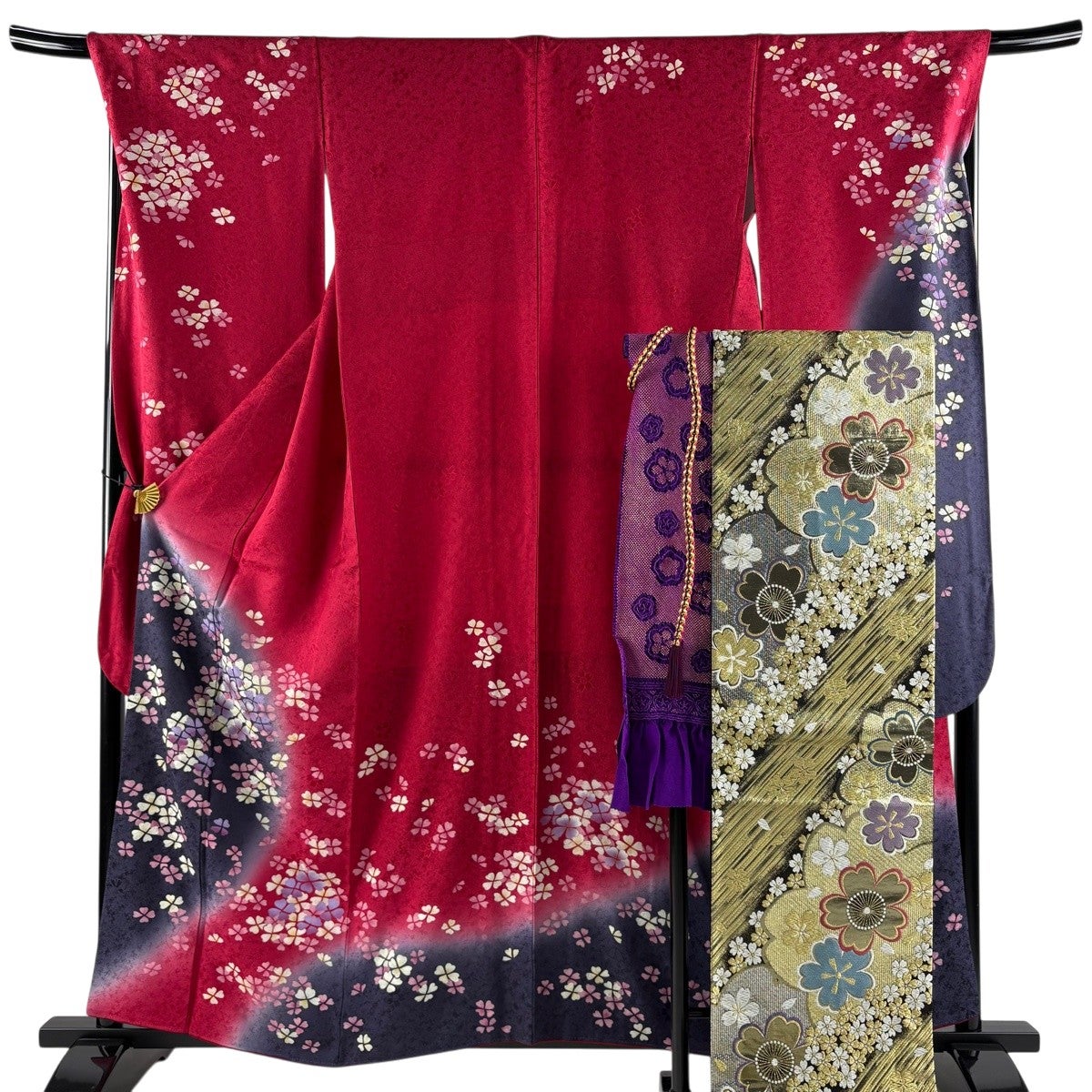 美品】 振袖 身丈160cm 裄丈70.5cm L 袷 袋帯フルセット 花 地紋 金彩