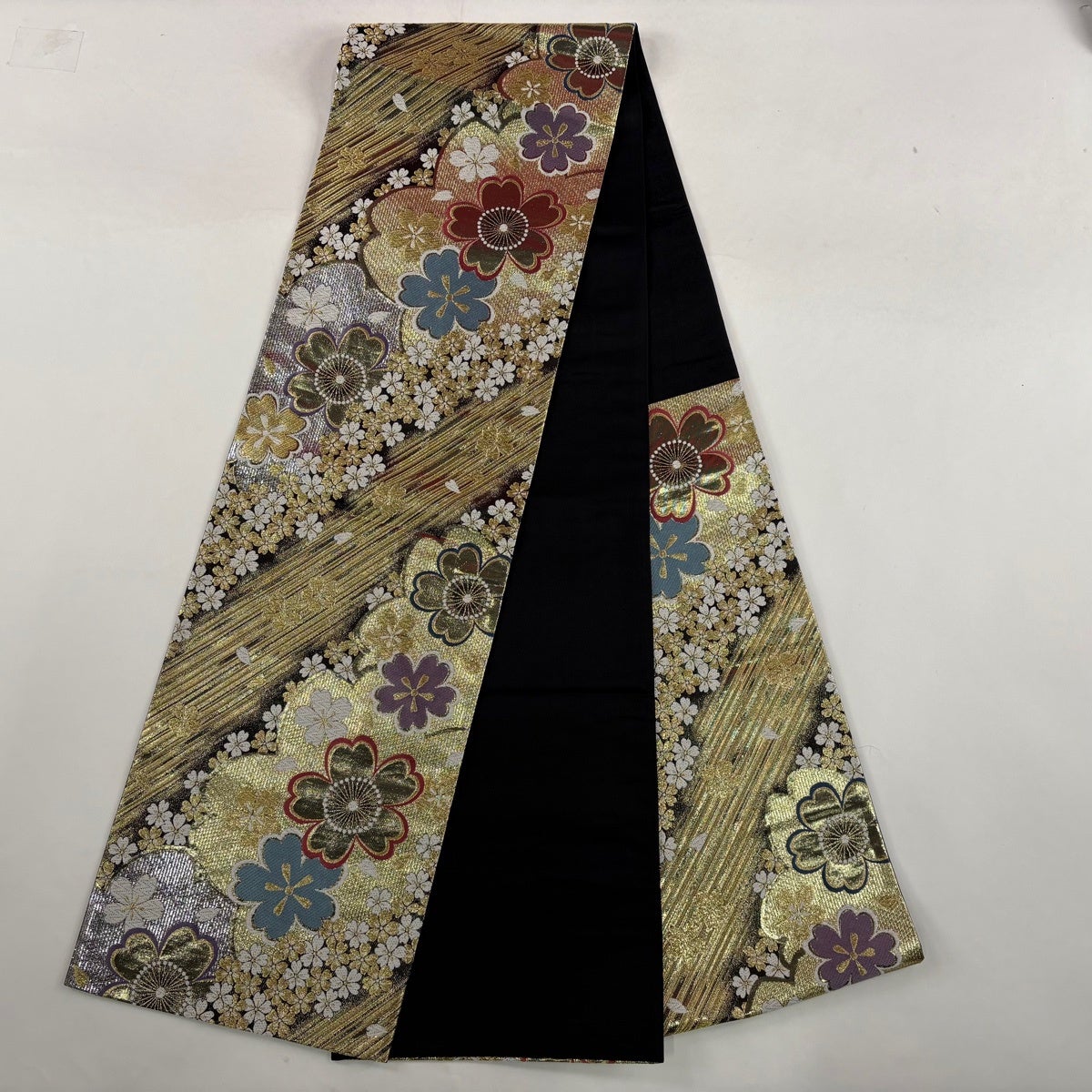 美品】 振袖 身丈160cm 裄丈70.5cm L 袷 袋帯フルセット 花 地紋 金彩