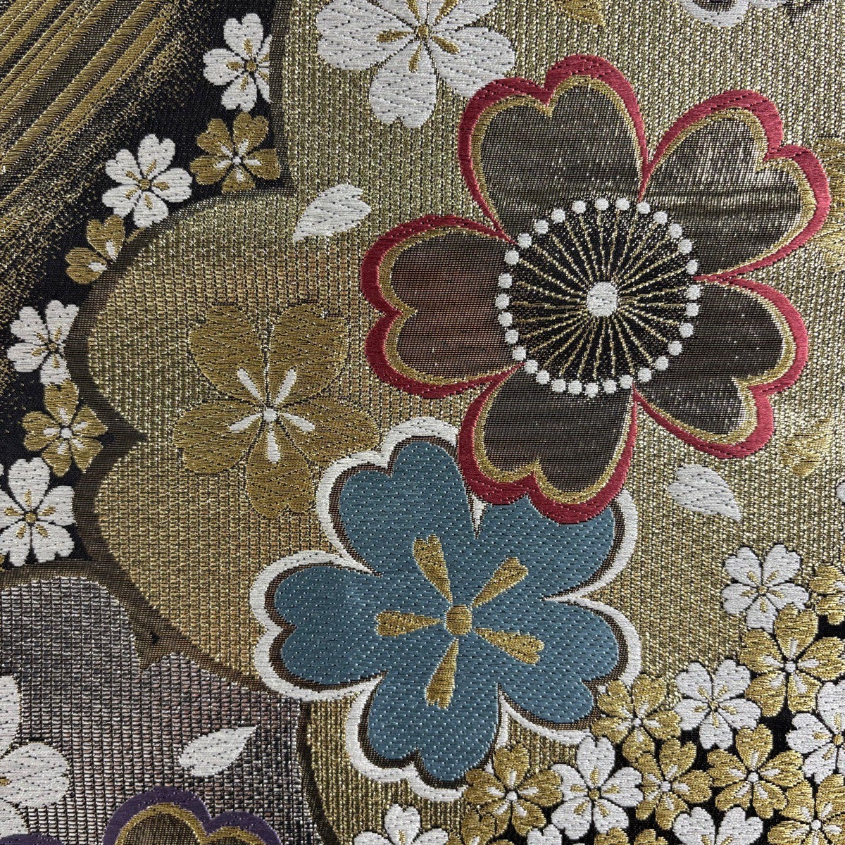 美品】 振袖 身丈160cm 裄丈70.5cm L 袷 袋帯フルセット 花 地紋 金彩