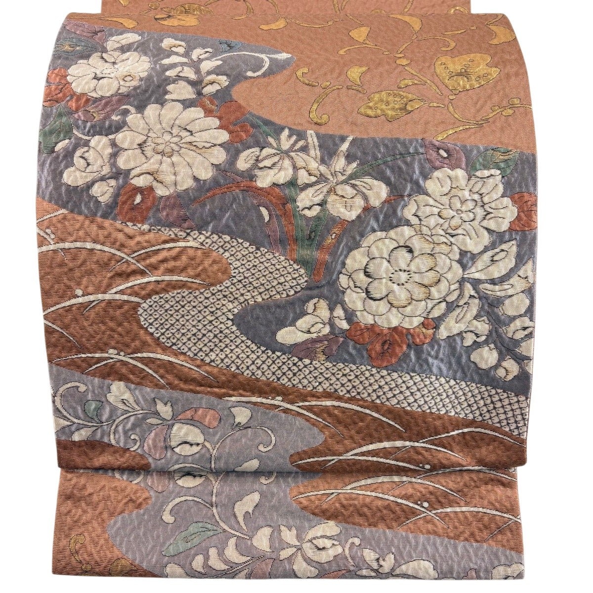 美品】 袋帯 秀品 四季草花文 唐織 箔 赤茶 六通 正絹｜中古・古着