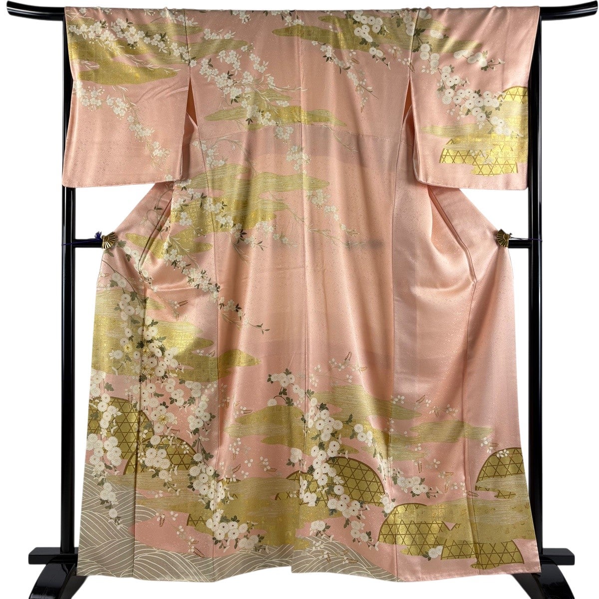 訪問着 身丈161.5cm 裄丈67.5cm L 袷 鈴乃屋 菊 間垣 金糸 金彩 ピンク
