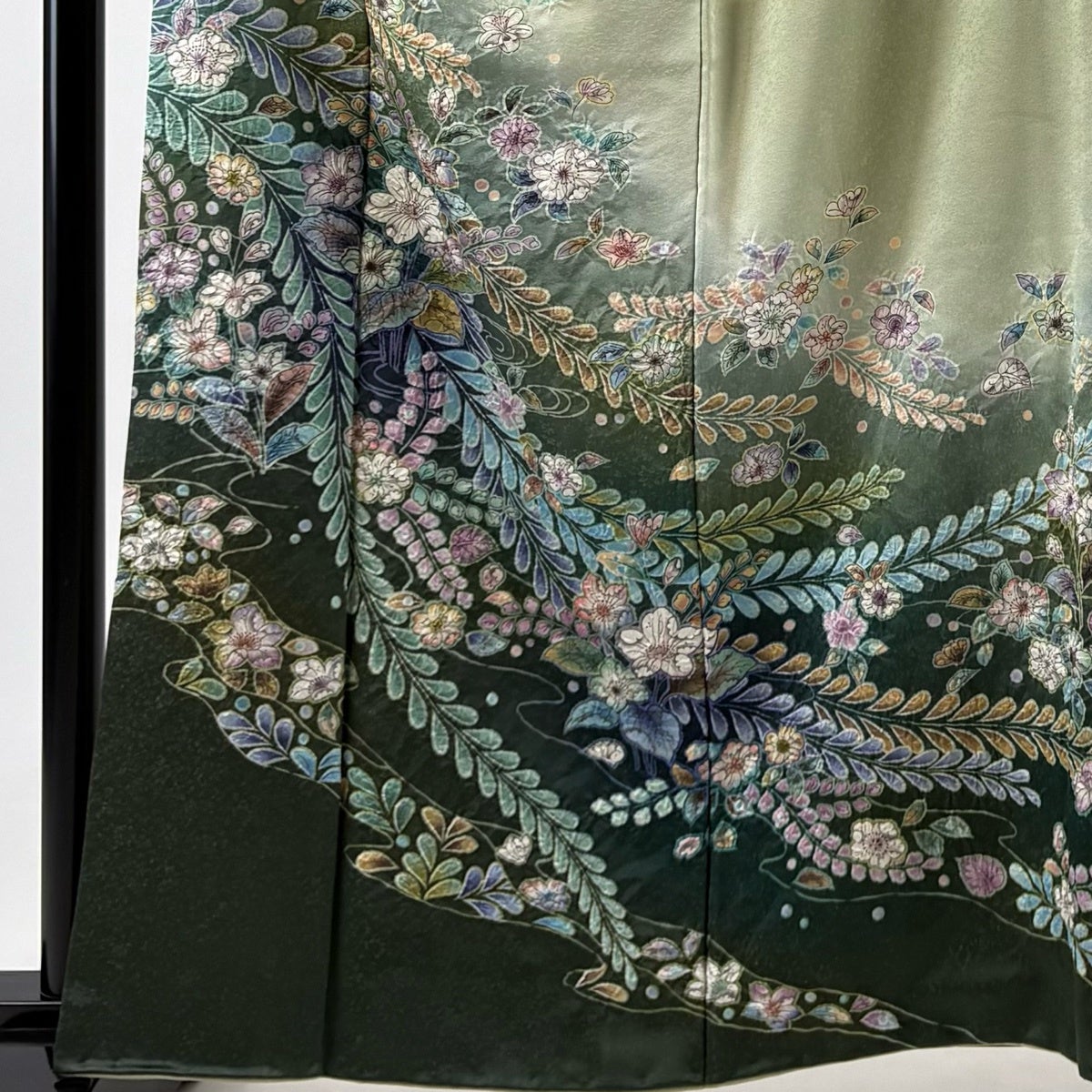 M05-2 新品保管品 正絹 小紋 着尺反物 灰緑系ちらし 辻ヶ花柄 訪問着 身丈160.5cm 裄丈65cm M 袷 落款あり 辻が花 草花 銀通し