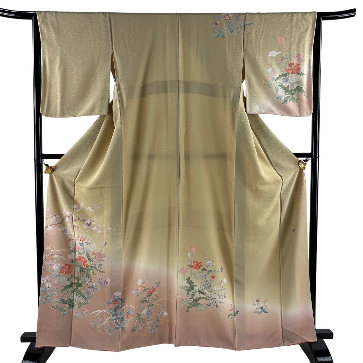 美品】 訪問着 身丈159cm 裄丈65cm M 袷 花車 流水 金彩 ぼかし 鶯色