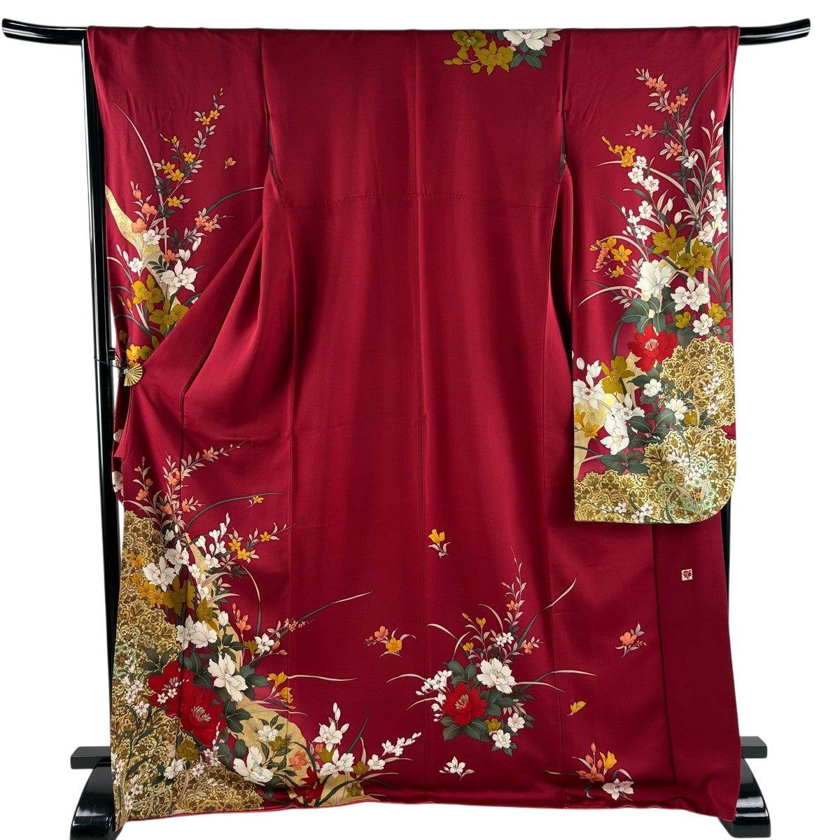 振袖 身丈175cm 裄丈68cm L 袷 落款あり 鳥 草花 箔 金銀彩 薄緑 正絹