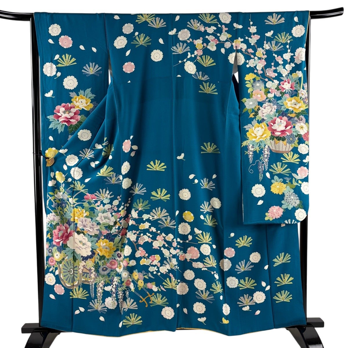 振袖 身丈162.5cm 裄丈65.5cm M 袷 花車 牡丹 金糸 金彩 水色 正絹 秀