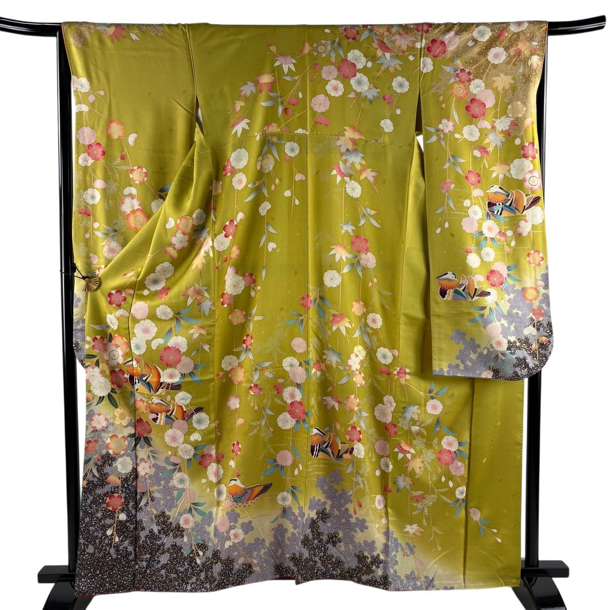 振袖 身丈157cm 裄丈67cm M 袷 桧扇 桜 金銀糸 金銀彩 茜色 正絹 秀品 